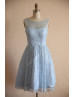Light Blue Lace V Back Short Vintage Bridesmaid Dress